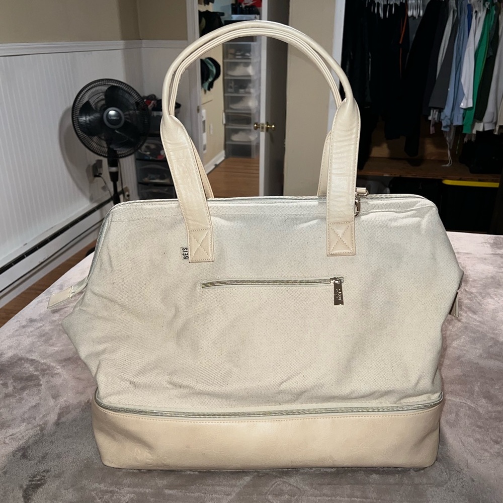 BEIS Cream Canvas Travel Tote Bag